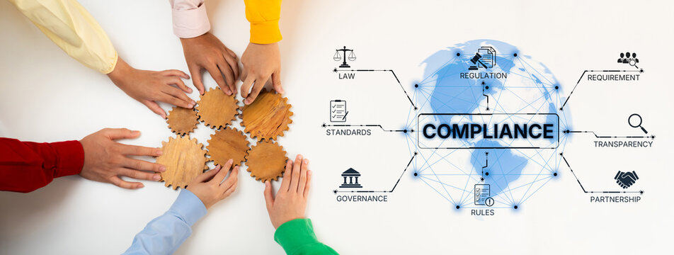 This image showcases diverse hands working together to build a compliance framework with symbols representing law and governance, emphasizing collaboration and transparency in business. Trope