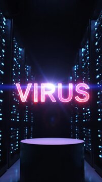 Cyber Attack Threat Digital Virus in Server Room with Neon Sign and Glowing Lights