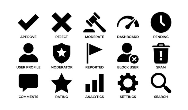 Moderation and user interface icons arranged on white background