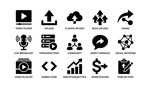 Media and sharing icons arranged in grid on white background