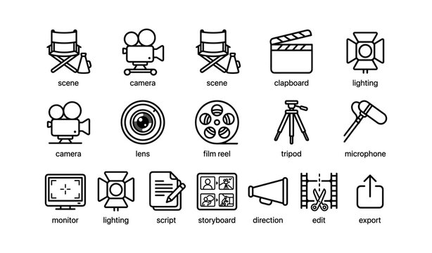 Film production icons showing equipment and crew tools