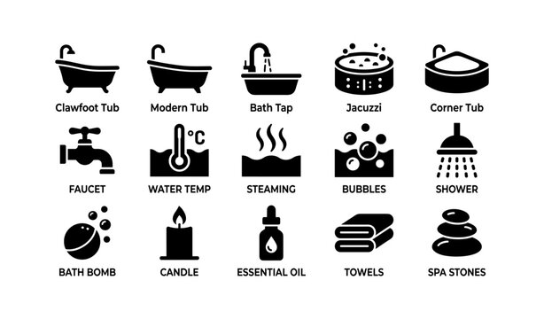 Bath and spa icons arranged in labeled grid on white background