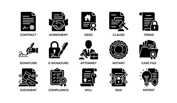 Legal document icons showing contracts and notarization in grid