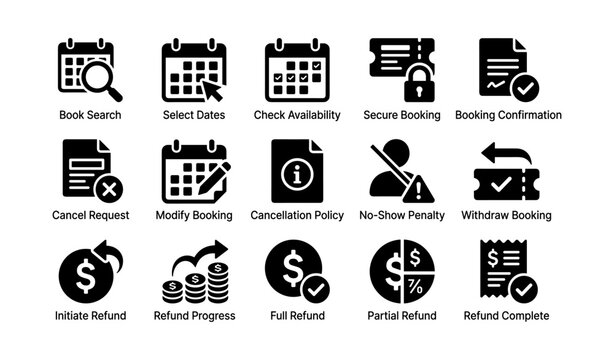 Booking and refund service icons displayed in grid on white background