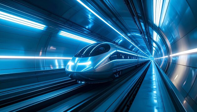 Futuristic Hyperloop Capsule Speeding in Blue Neon Arc Tunnel &mdash; Transport