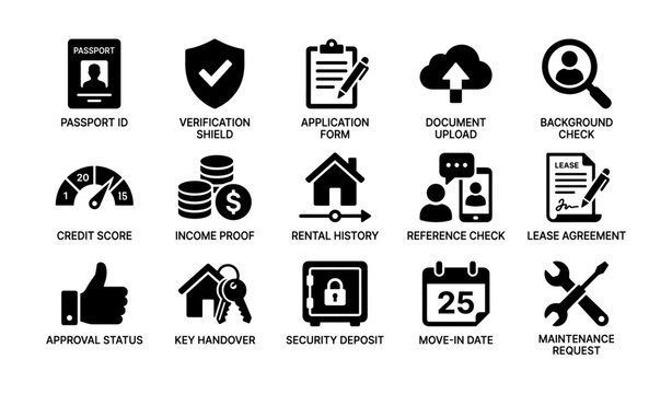 Rental application icons arranged in a three by five grid