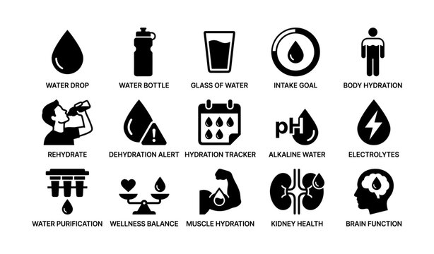 Hydration and water icons arranged in a three by four grid
