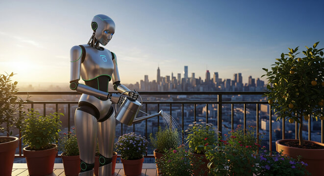 Futuristic female android robot tending rooftop garden with city skyline at sunset