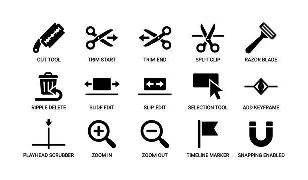 Video editing tool icons displayed in grid on white background