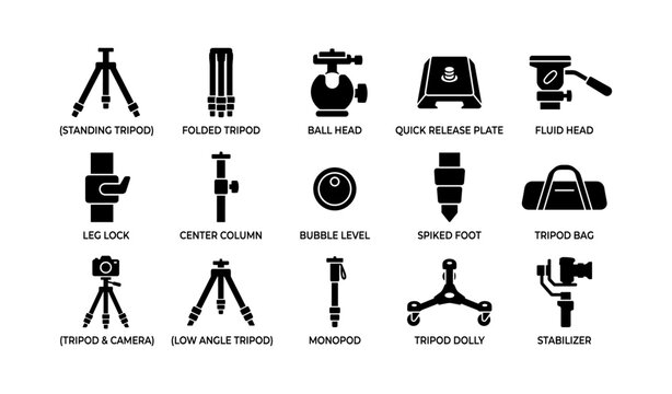 Tripod and camera support icons laid out on white background