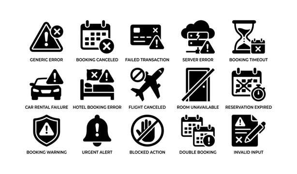 Collection of booking and error icons arranged in grid