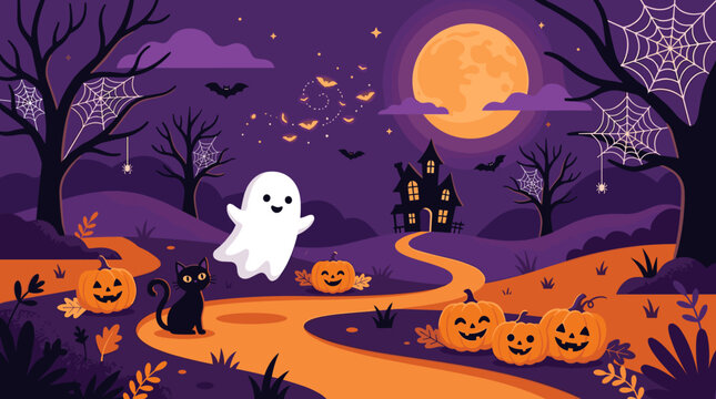 Halloween ghost appears on spooky path haunted house digital art autumn landscape mysterious night vibe