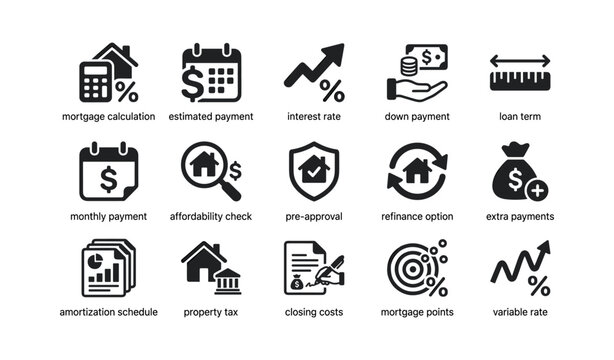 Mortgage and loan icon set arranged in grid on white