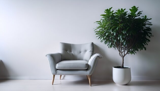contemporary light gray armchair positioned next to a potted indoor tree against a bright white wall