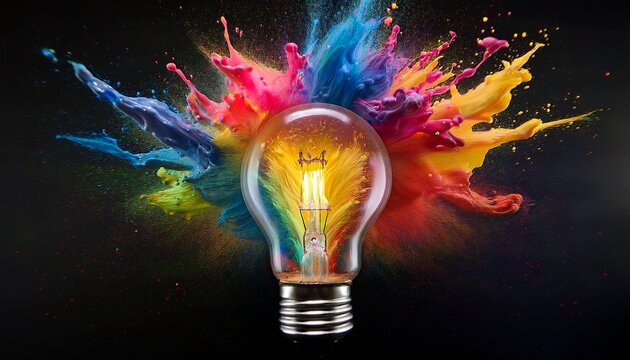 vibrant photo of vibrant explosion of colorful paint radiating from a glowing lightbulb inspiration artistic