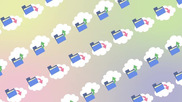 Seamless pattern of cloud storage icons with folder data transfer on a pastel gradient background animation. Creative digital backup and cloud computing synchronization wallpaper in cartoon animation.