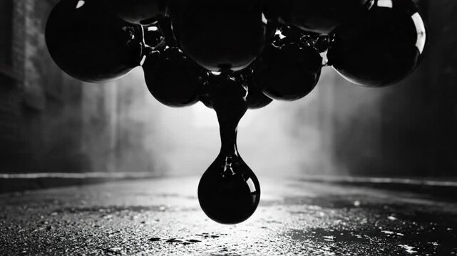 Black spheres dripping liquid in alleyway creating splash effect artistic abstract composition in grayscale