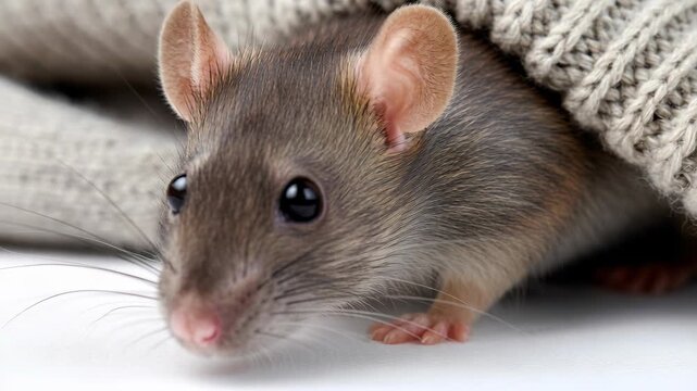 Curious brown rat peeks from under a grey knitted sweater, showing its whiskers and eyes.
