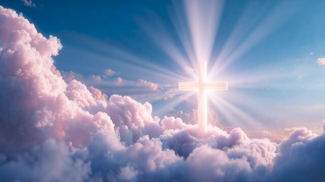 Glowing christian cross rising above soft clouds with radiant sunlight in heavenly sky scene. Spiritual symbol representing faith and hope in religious worship background.