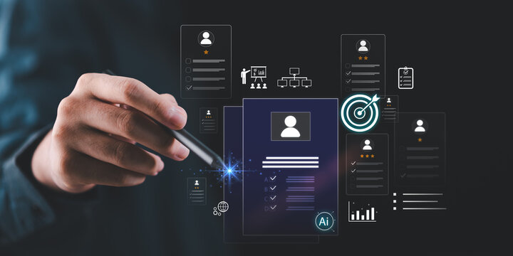 HR analyst utilizing precision recruitment system with candidate profiling, talent targeting, recruitment analytics, applicant ranking, data-driven hiring, AI screening, performance metrics