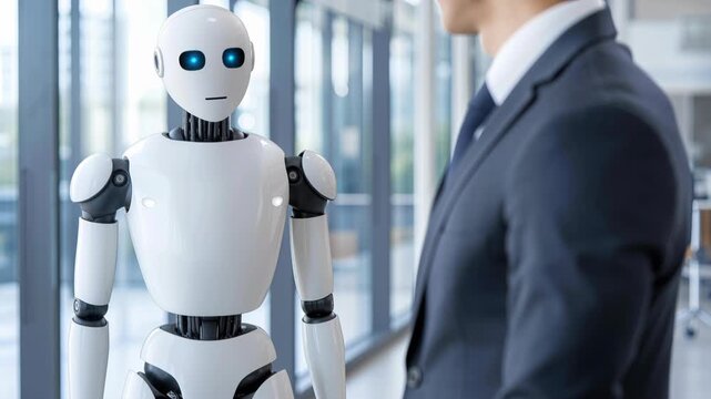 A professional businessman in a suit interacts with a sleek white humanoid robot in a modern office.