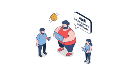 Naklejka premium Isometric illustration of three people with speech bubble and laptop.