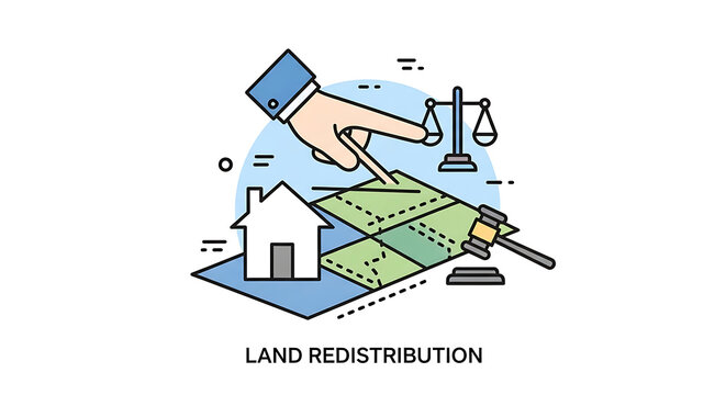 Hand pointing at divided land parcels with scales of justice nearby, representing land redistribution and property law concepts
