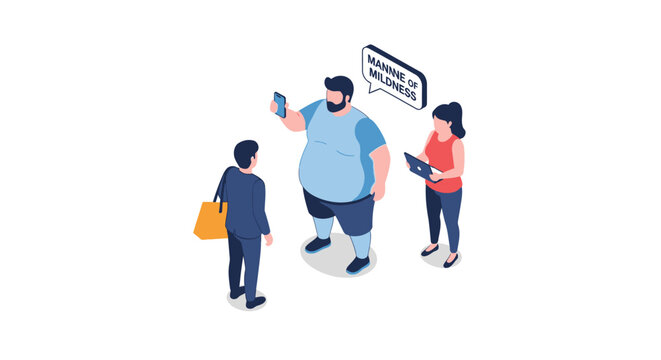Isometric illustration of three people with speech bubble and phone.