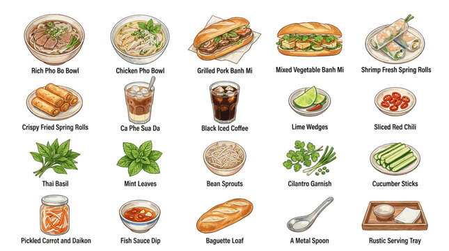 Vietnamese food vector icon set with pho, banh mi, spring rolls, herbs, sauces, rice dishes, lemon grass and traditional restaurant menu items