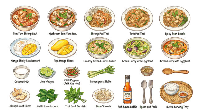 Colorful Thai food vector icon set with tom yum soup, pad thai, green curry, spring rolls, mango sticky rice, sauces and traditional dishes