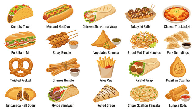 Colorful fast food vector icon set with tacos, burgers, pizza, fries, burritos, hot dogs, onion rings, nachos and popular snack meals
