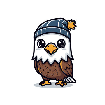 Cute Cartoon Bald Eagle Character Wearing a Blue Winter Beanie Hat, Kawaii Bird Mascot Illustration