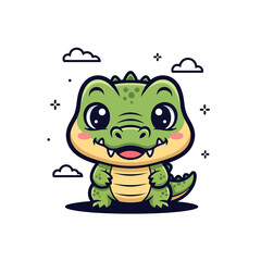 Obraz premium Cute Cartoon Crocodile Illustration, Friendly Kawaii Alligator Character Design on White Background