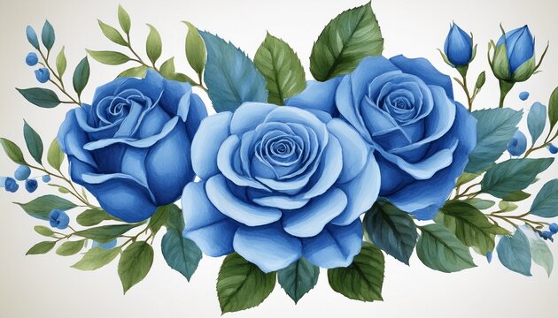 elegant watercolor blue roses with buds and green leaves arrangement