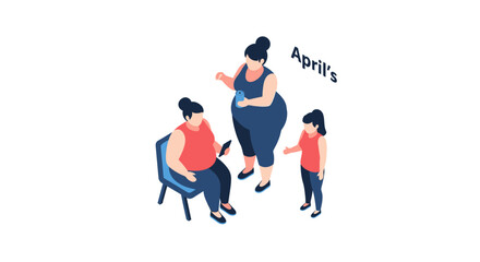 Fototapeta premium Isometric illustration of three women and a child in a family setting.