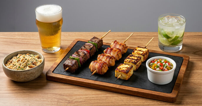Espetinhos de churrasco variados com carne, frango com bacon e queijo coalho servidos com cerveja gelada e caipirinha em mesa de madeira