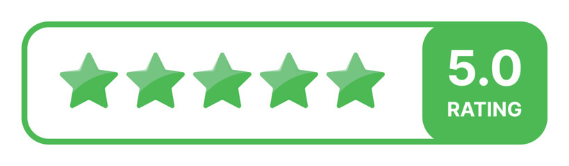 Naklejka premium Five star rating banner in green color showing maximum score 5.0 with glossy stars and modern user feedback design isolated on transparent background for review concept interface element