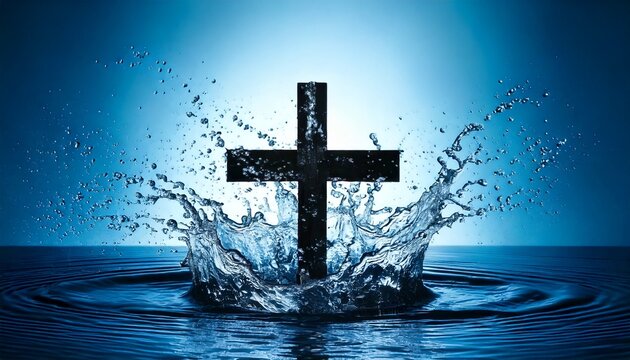 dark cross in water splash a symbolic image of faith and baptism