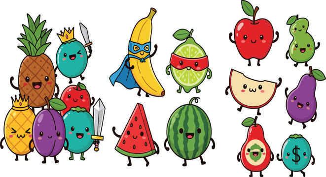 Set of cute kawaii fruit characters including superhero banana and lime plus pineapple kings with swords for fun kids design and sticker illustrations.