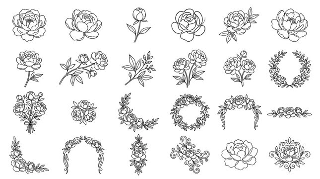 Black floral line art vector set with roses, blossoms, leaves, wreaths, bouquets, arches and elegant botanical outline design elements