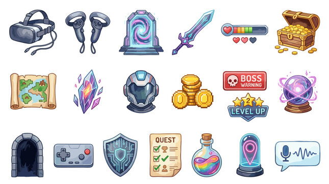 Fantasy game vector icon set with weapons, treasure chest, shield, coins, quest scroll, potion, magic crystal, map, portal and adventure badges