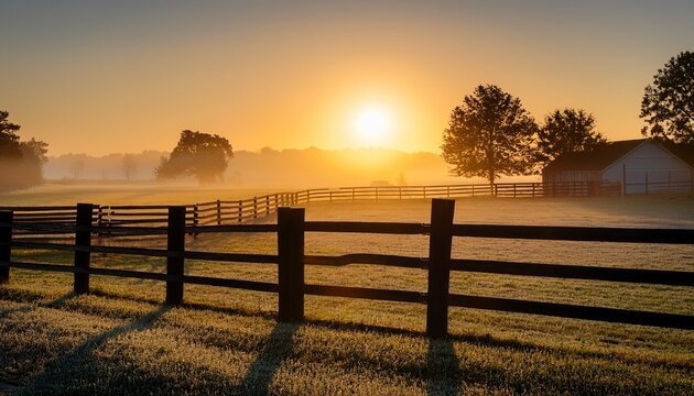 black fences on horse farm at sunrise on foggy morning oldham county kentucky