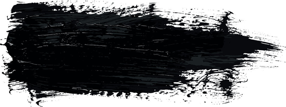 Grunge black ink brush stroke texture, vector paint splash and charcoal smear element, artistic rough stain and splatter on transparent background