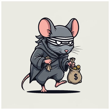 Cartoon mouse dressed as a thief carrying a bag of money.