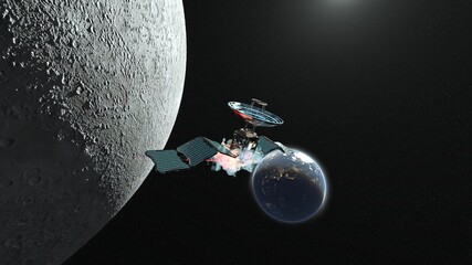 人工衛星と月　3DCGレンダリング © tsuneomp