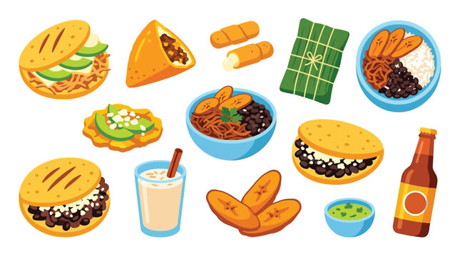 A vibrant illustration showcasing a diverse collection of delicious Latin American dishes and beverages, including arepas, empanadas, and plantains.