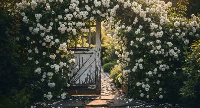 Enchanting Garden Gate Covered in White Flowers Bathed in Sunlight.