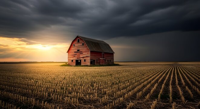 Dramatic Sunset Over Old Red Barn in Rural Field.