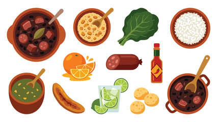 A vibrant and detailed illustration of a traditional Brazilian Feijoada meal, complete with various side dishes and accompaniments. © tr