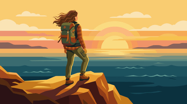 Hiking adventure at sunset coastal cliffs digital illustration scenic view outdoor exploration